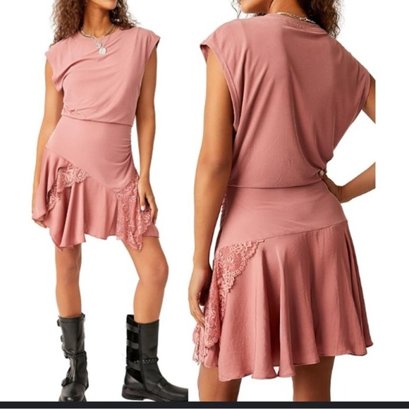 Free People Jazzy Cap Sleeve Lace Trim Mini T-Dress Rose Smoke Womens Size xs - Picture 1 of 5